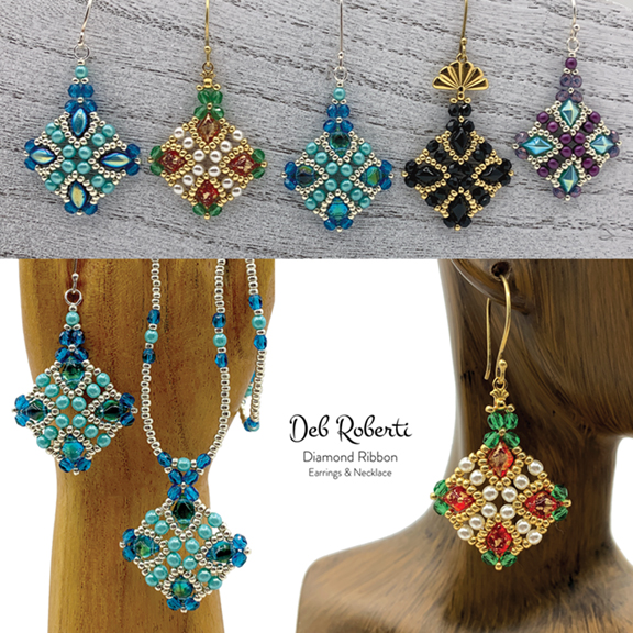 Diamond Ribbon Earrings and Necklace, design by Deb Roberti