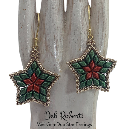 Mini GemDuo Star Earrings, free pattern by Deb Roberti